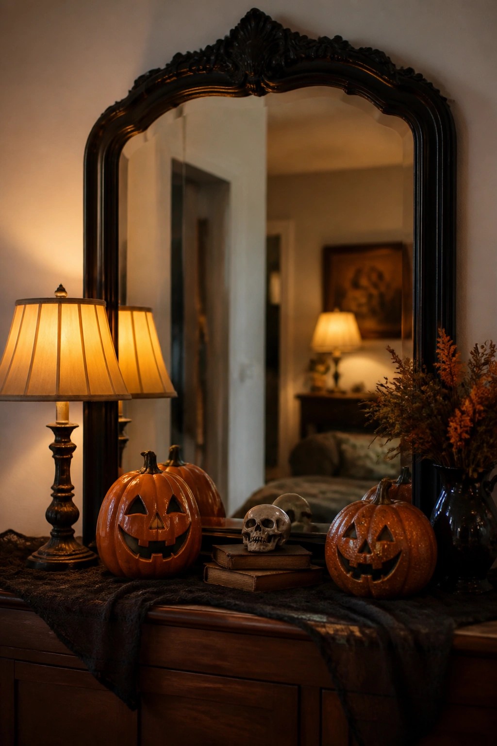 A wooden console holds several carved jack o' lanterns, a skull resting on stacked old books, two lit table lamps, and a dark vase with dried flowers, all in front of a large ornate mirror.