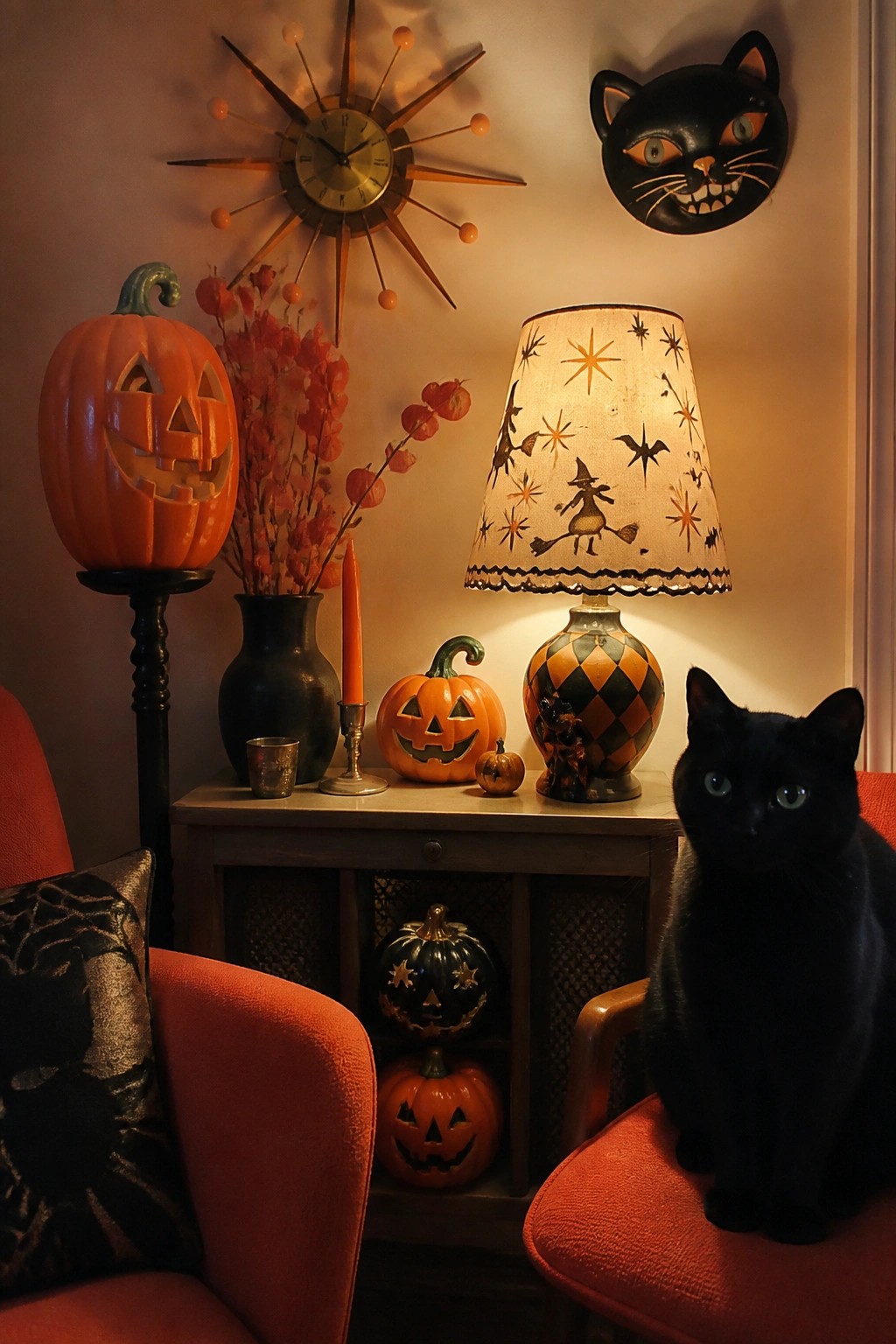Wooden console table styled with carved jack-o'-lanterns, a witch-patterned lamp, dried red foliage, and a black cat sitting on a nearby chair.
