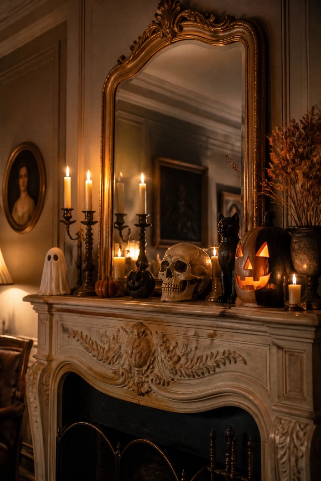 A marble fireplace mantel styled with a human skull, glowing jack-o'-lantern, black cat figurine, and several lit candles arranged in front of an ornate gold mirror.