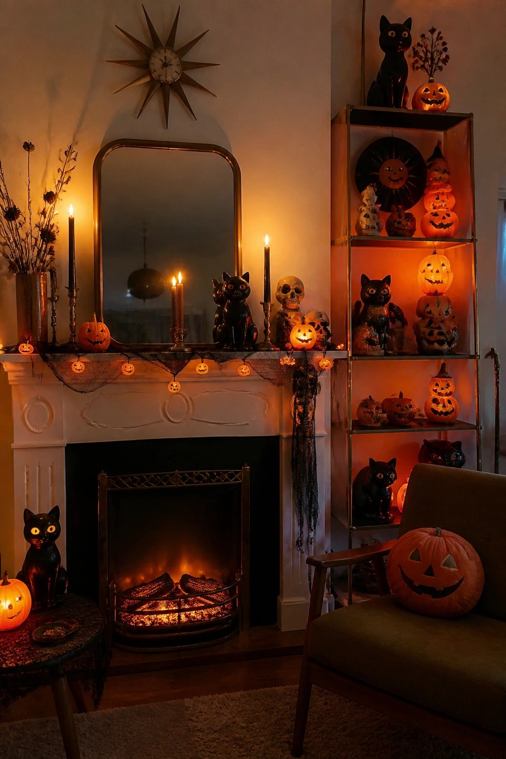 A white fireplace mantel styled with vintage black cat figurines, skulls, lit candles, and a glowing pumpkin garland.