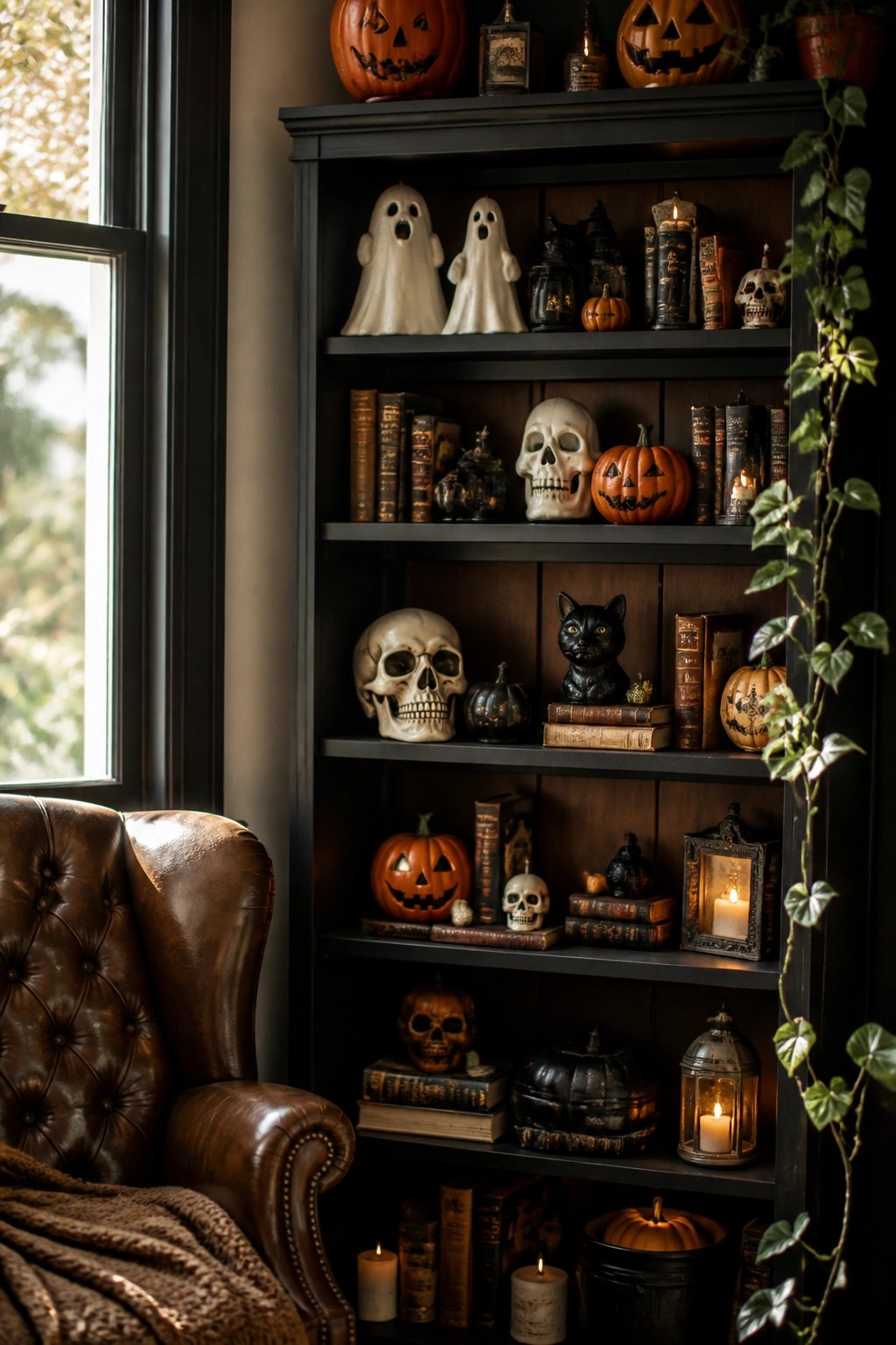 Dark bookshelf filled with Halloween skulls, pumpkins, ghosts, books, and glowing candles beside leather chair.
