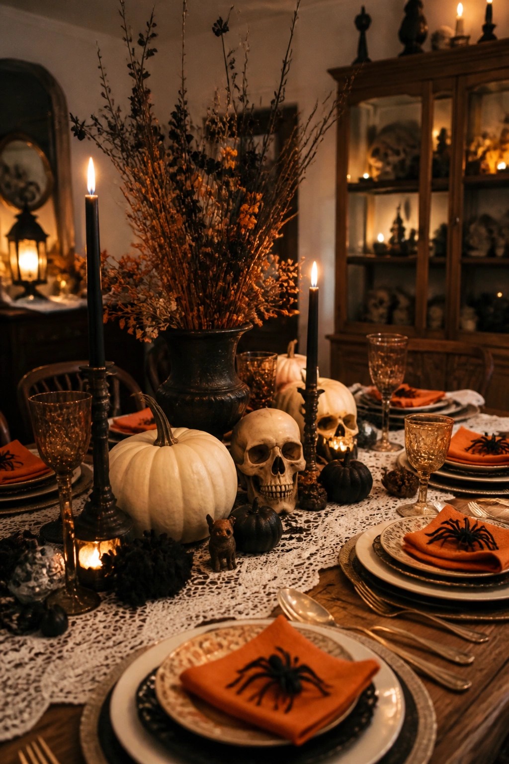 A wooden dining table dressed for Halloween with white lace, skulls, black taper candles, dried branches in a dark vase, white and black pumpkins, and orange napkins topped with plastic spiders.