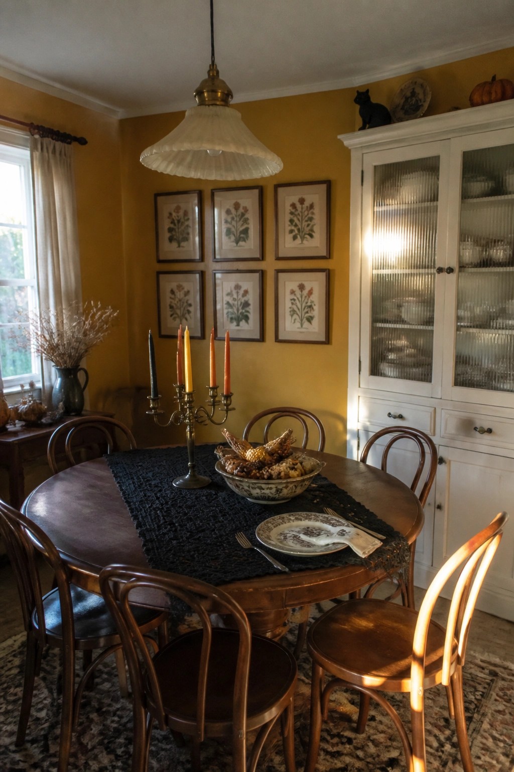 A round wooden dining table with a black runner, candelabra holding black, yellow, and orange taper candles, and a decorative bowl, set in a yellow room with framed botanical prints on the wall.