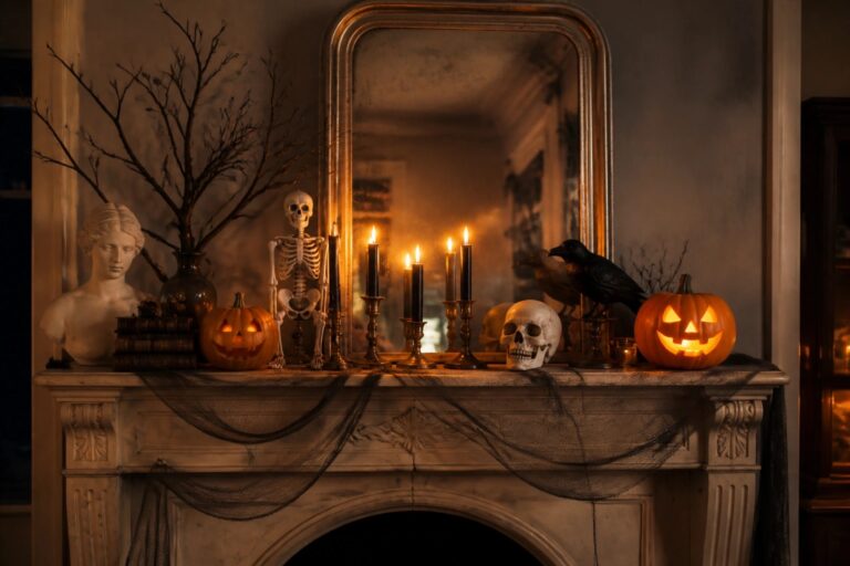 A marble fireplace mantel styled with a human skull, glowing jack-o'-lantern, black cat figurine, and several lit candles arranged in front of an ornate gold mirror.