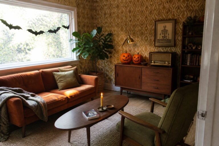A retro living room with an orange sofa, wooden coffee table, green armchair, vintage wallpaper, and Halloween items including bat garlands and pumpkin pillows.