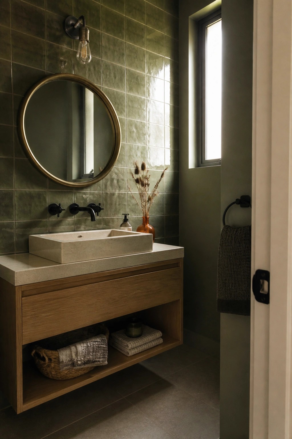 A bathroom interior showing a floating wood vanity with concrete top, rectangular sink, round brass mirror on green tile wall, wall sconce, and open lower shelf holding a wicker basket and stacked towels.