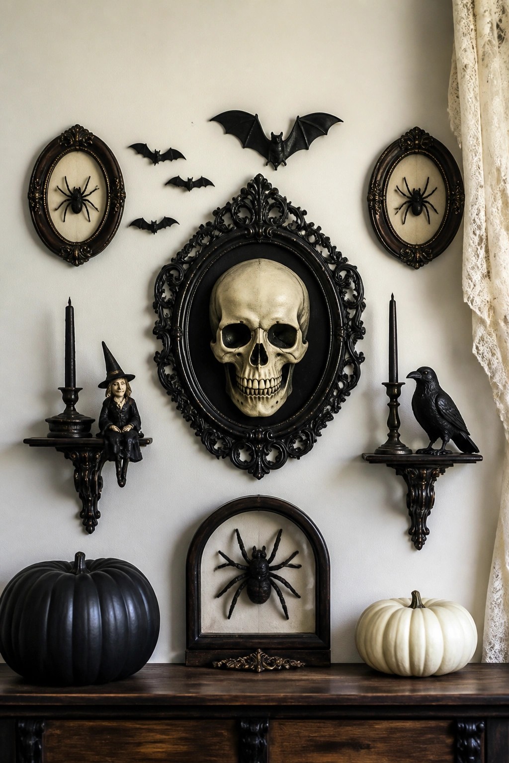 Wall display with a large skull in an ornate black frame, black bats above it, spider frames on either side, and a dark console table holding pumpkins, candles, a small witch figure, and a crow.