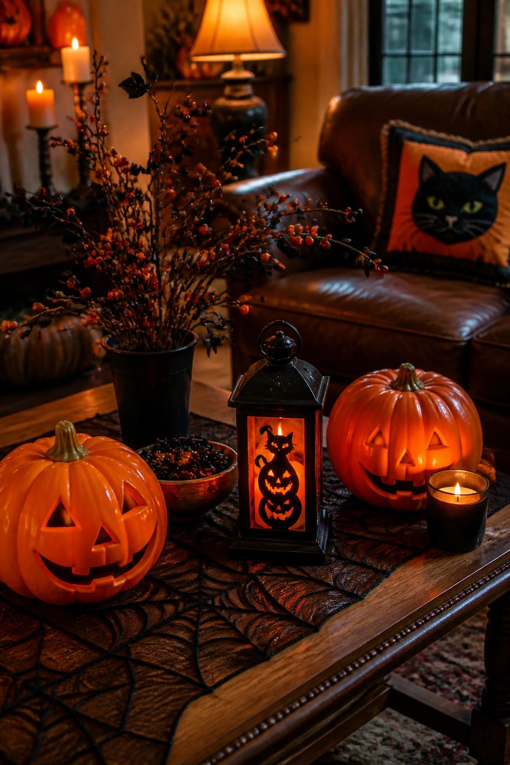 Coffee table with two carved jack o lanterns, a black lantern showing cat silhouettes, and a spiderweb runner in a living room.