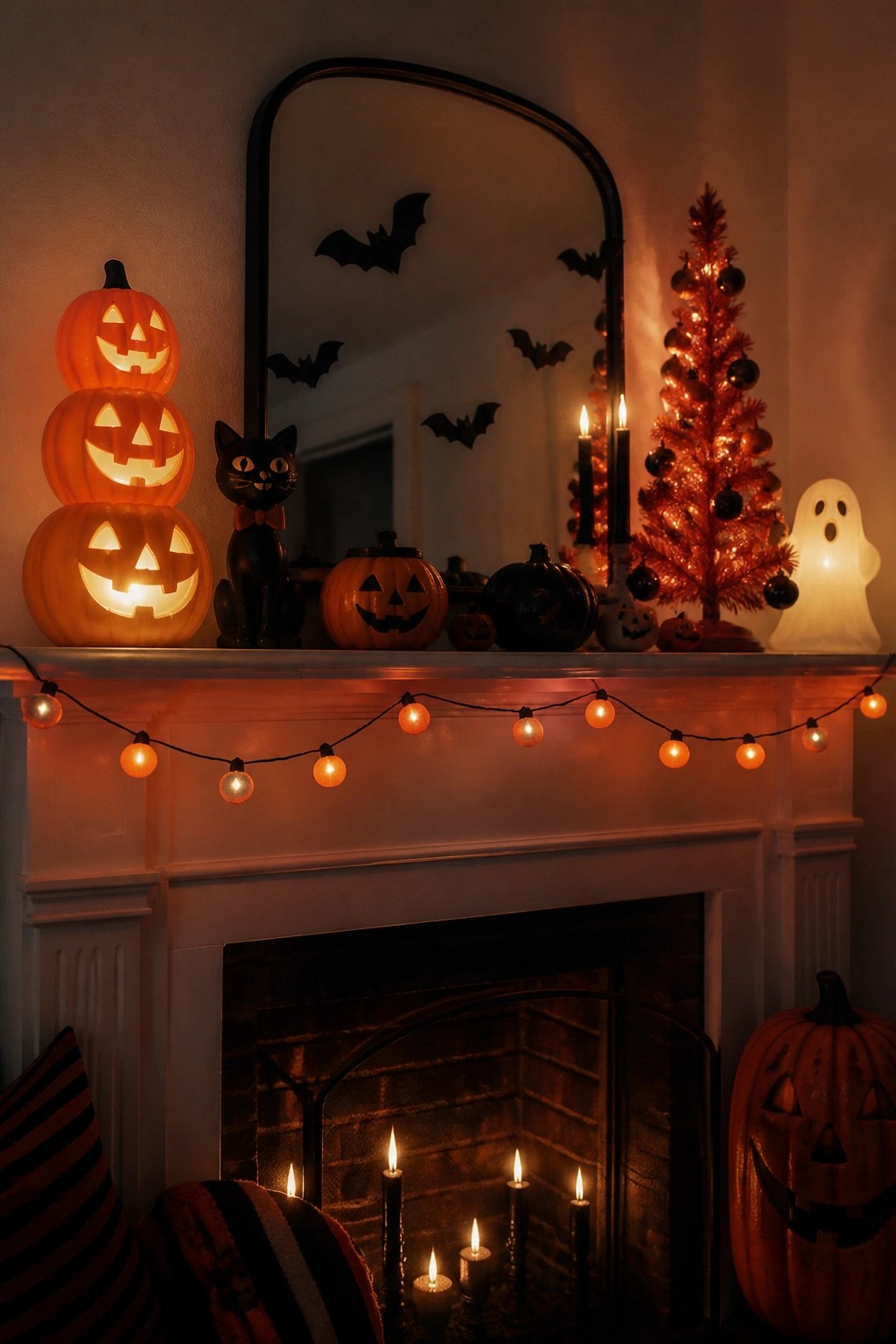 Cozy Halloween mantel with glowing pumpkins, black cat, orange tree, bats, and candles