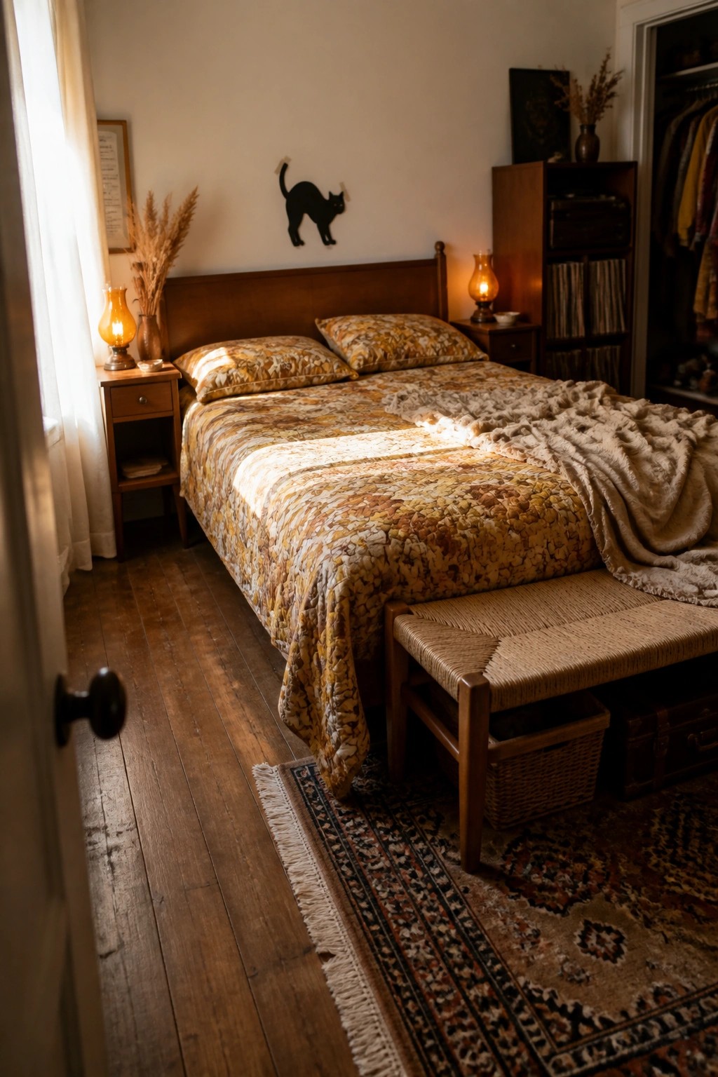 Cozy sunlit bedroom with floral quilted bed, cat wall art, woven bench, and wooden furniture.