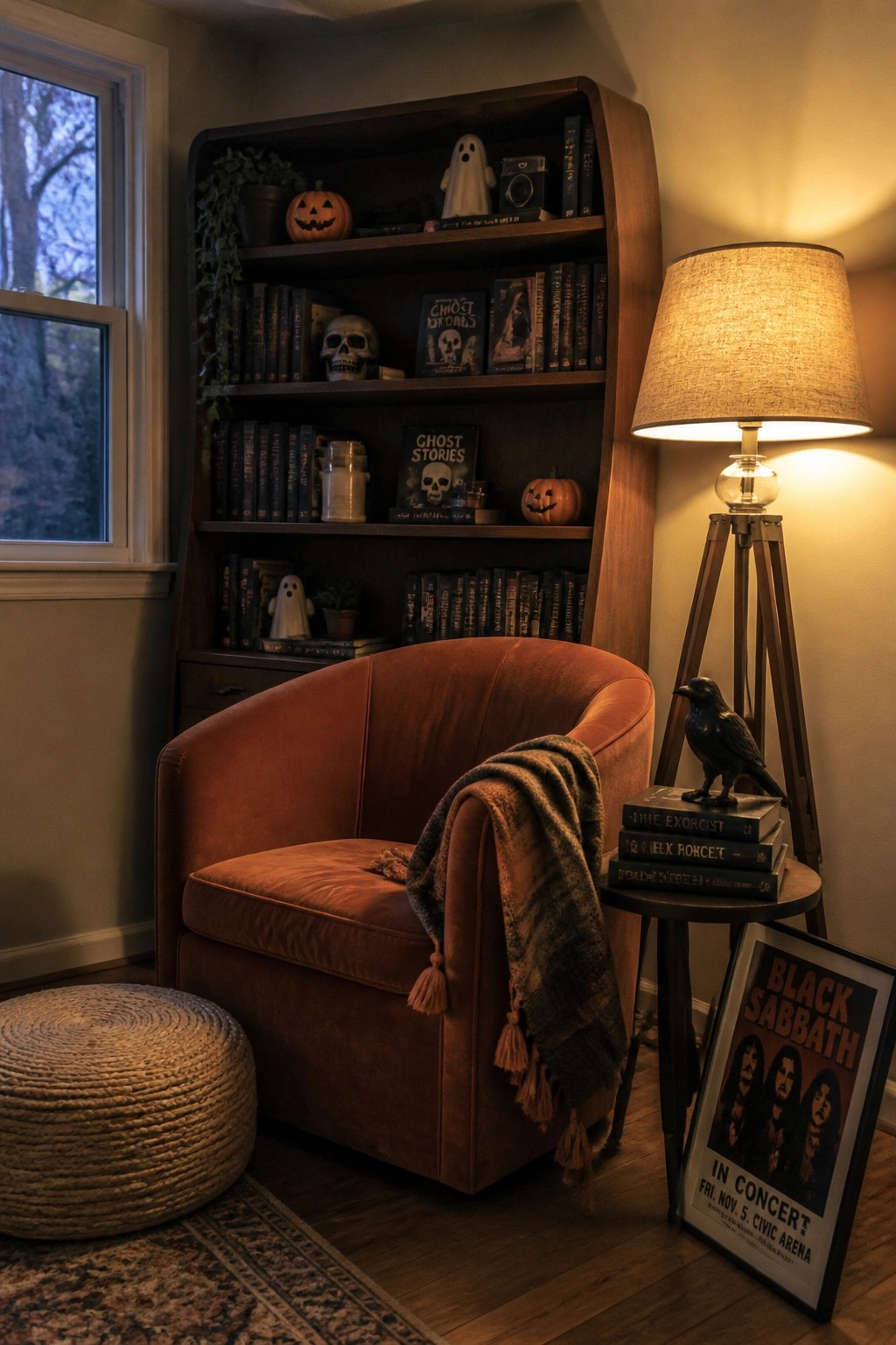 Cozy rust armchair beside Halloween-decorated bookshelf, glowing lamp, and Black Sabbath poster.