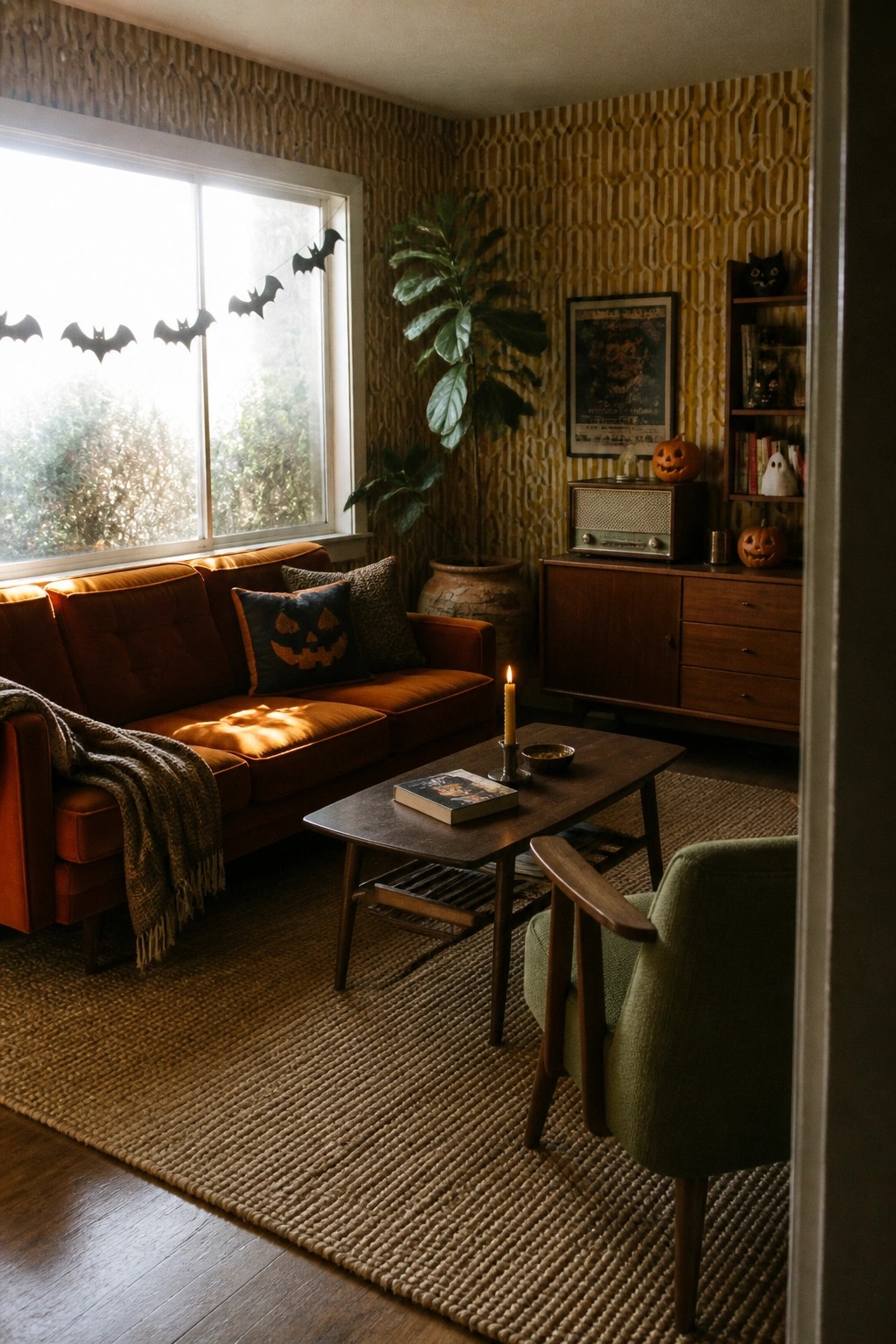 A retro living room with an orange sofa, wooden coffee table, green armchair, vintage wallpaper, and Halloween items including bat garlands and pumpkin pillows.