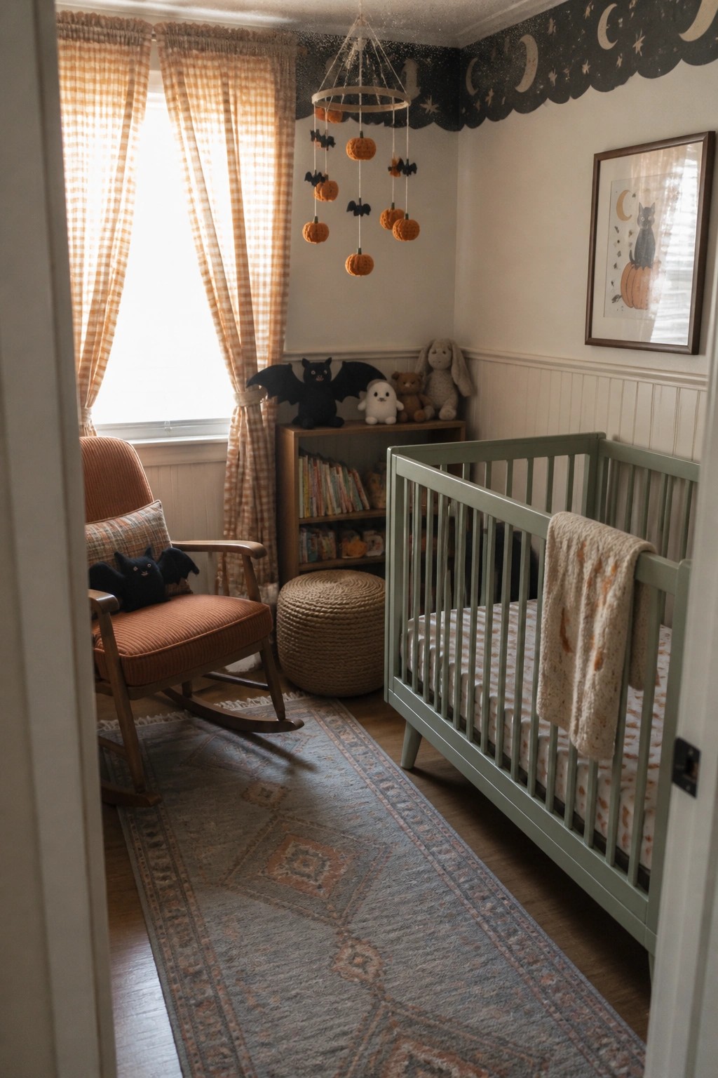 A nursery interior with a green crib, wooden rocking chair, woven rug, and a hanging mobile featuring crocheted orange pumpkins and black bats.
