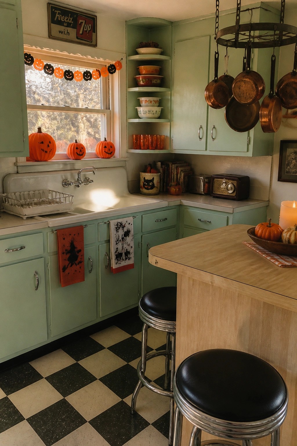 Retro mint-green kitchen with Halloween pumpkins, checkered floor, and hanging copper pans.