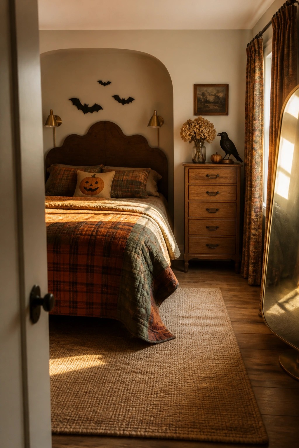 A bedroom with a wooden bed frame, plaid bedding and a pumpkin pillow, black bat decorations on the wall above the headboard, a wooden dresser, and a full-length mirror.