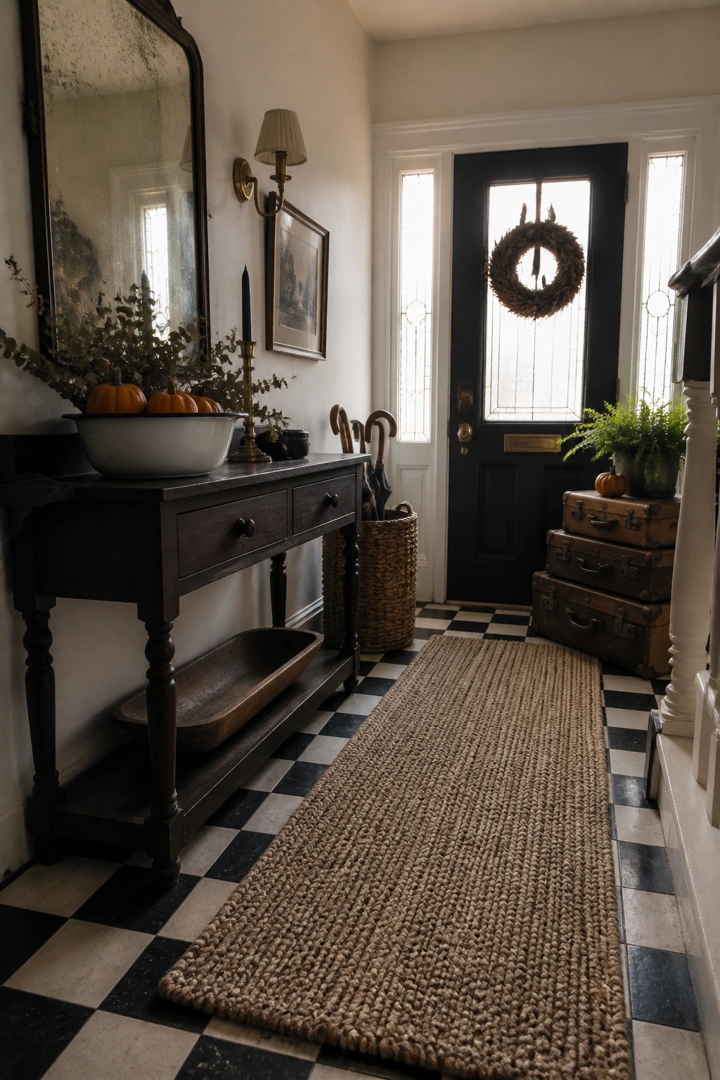Cozy foyer with checkered floor, jute rug, wooden console holding pumpkins, and wreath on door.