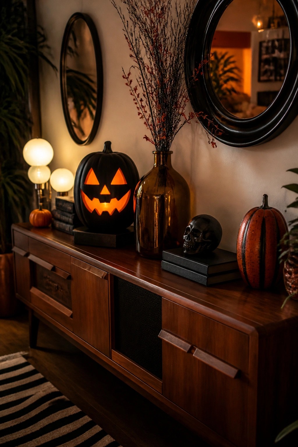 Mid-century wooden console table styled with a glowing jack o lantern, black skull on stacked books, amber glass vase with dark branches, and a second pumpkin.