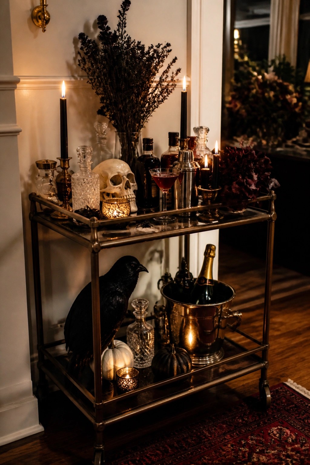 Brass bar cart decorated with a skull, black crow, black candles, small pumpkins, and liquor bottles for Halloween.