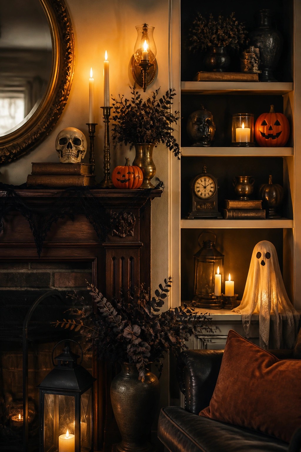 Dark wooden fireplace mantel styled with old books, a skull, brass candlesticks, and small jack-o'-lanterns, with built-in shelves holding a sheet ghost and additional vintage Halloween pieces.
