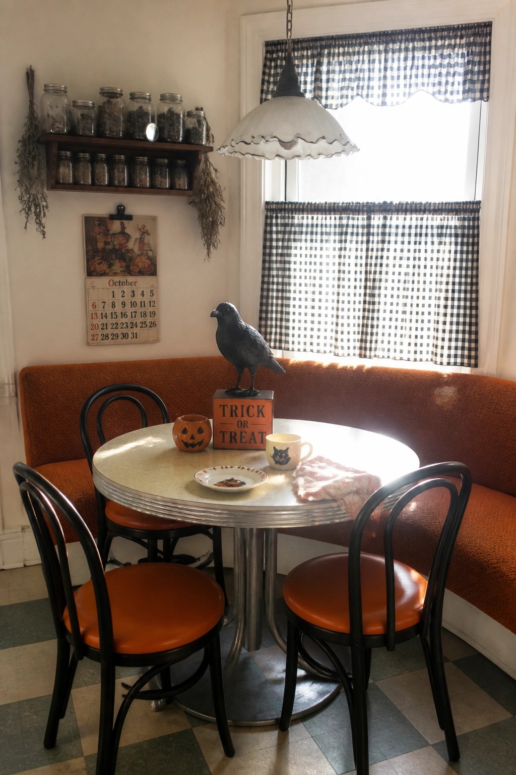Orange booth with round table, black crow on trick-or-treat sign, checkered curtains, October calendar.