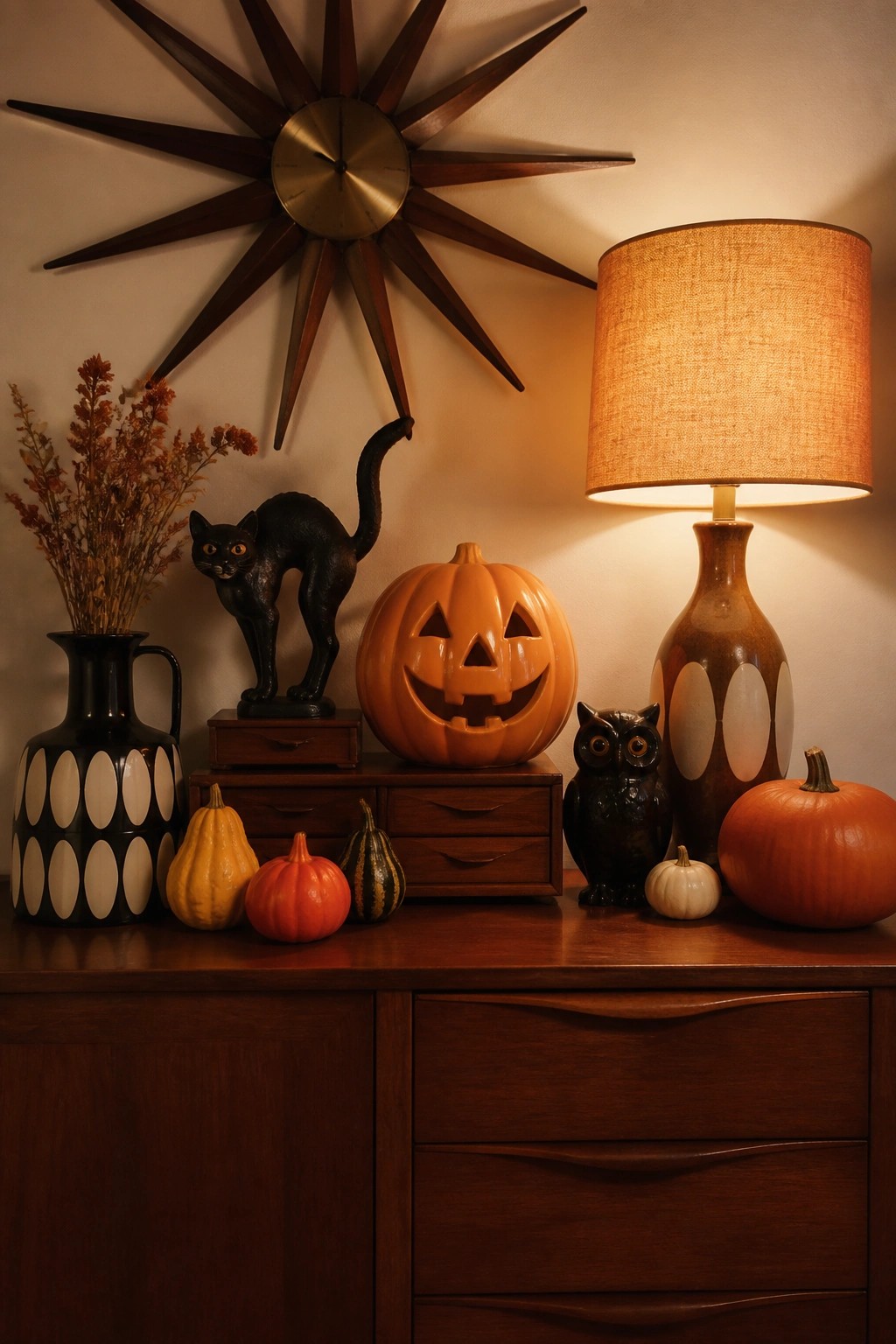 Mid century wooden console topped with a carved jack o lantern, black cat figurine, small owl, and assorted pumpkins beneath a starburst clock.