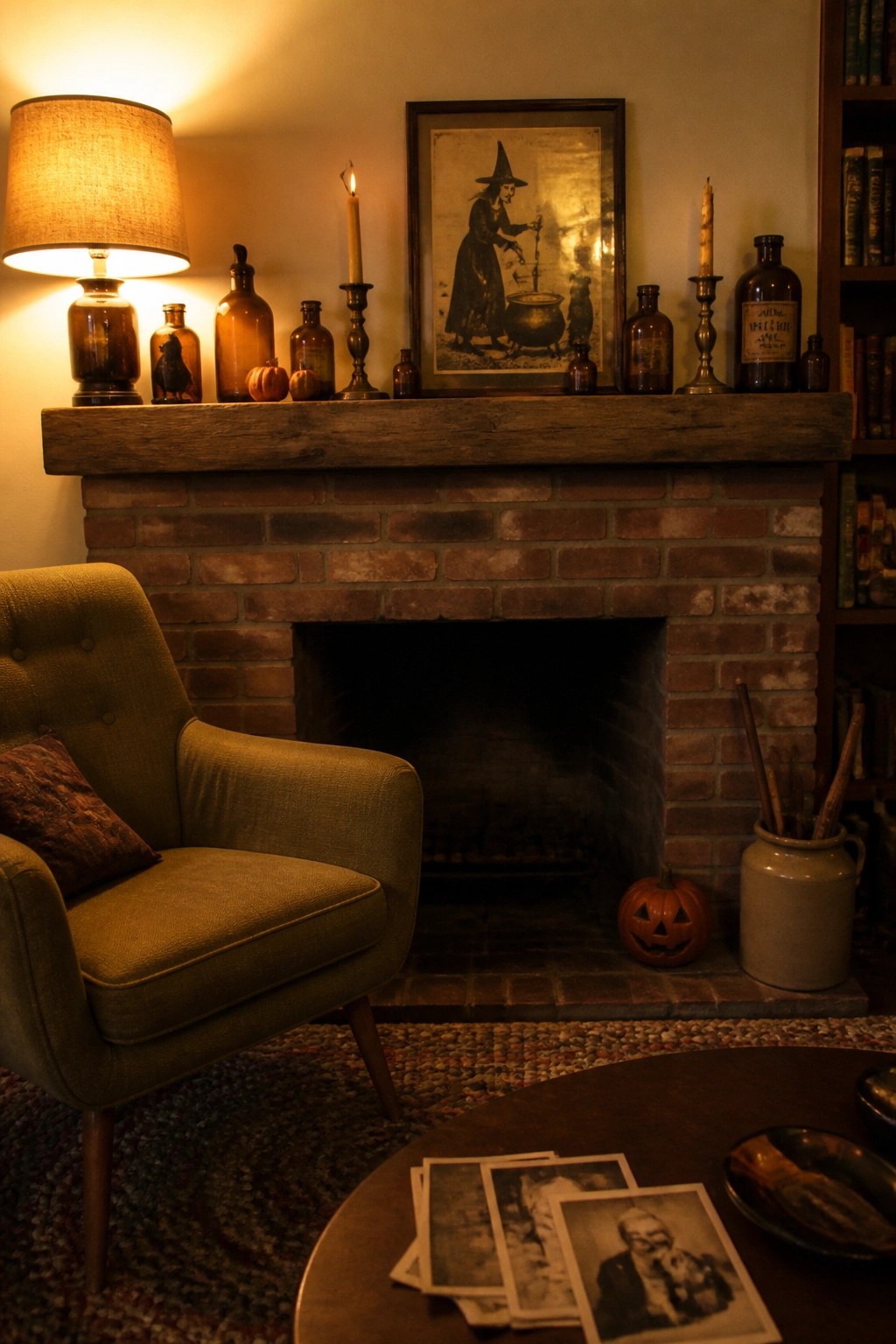 Green armchair by brick fireplace with witch print, candles, bottles, and jack-o'-lantern on mantel.