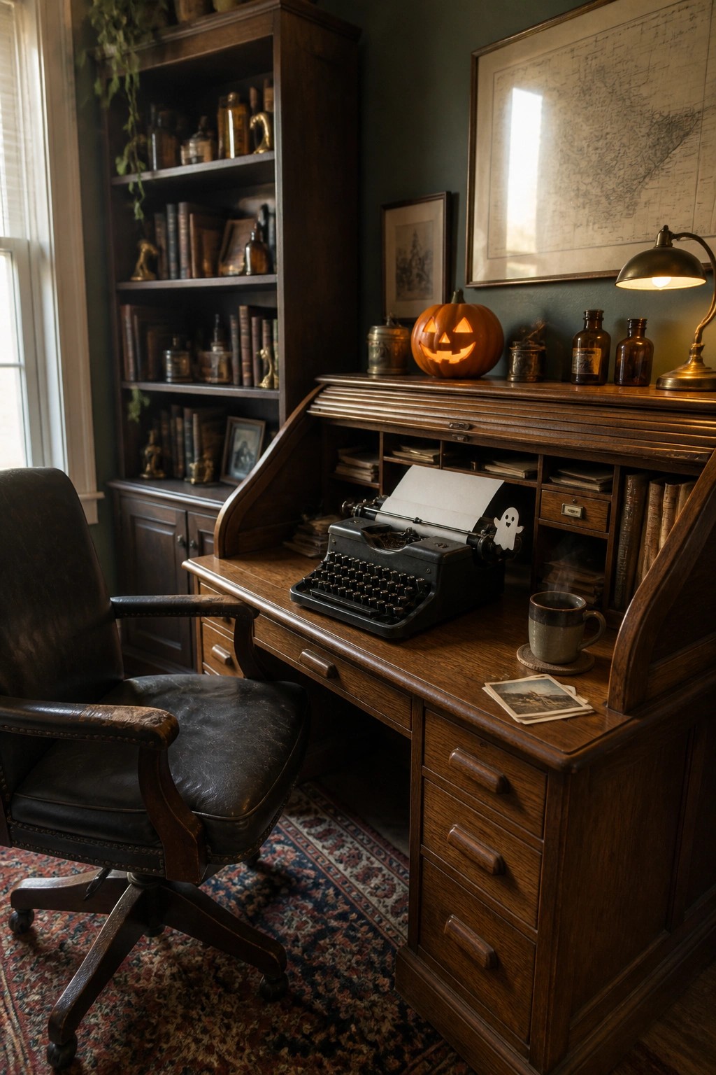 Vintage wooden desk with typewriter, glowing pumpkin, leather chair, and wall map in study