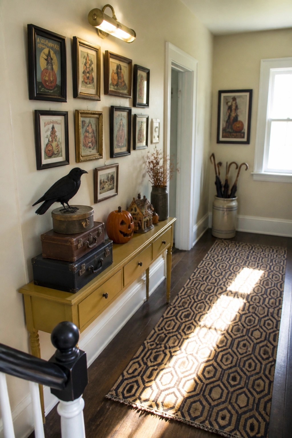 A hallway features a gallery wall of vintage framed Halloween prints above a mustard yellow console table holding stacked suitcases, a black bird statue, a carved pumpkin, and dried branches in a vase.