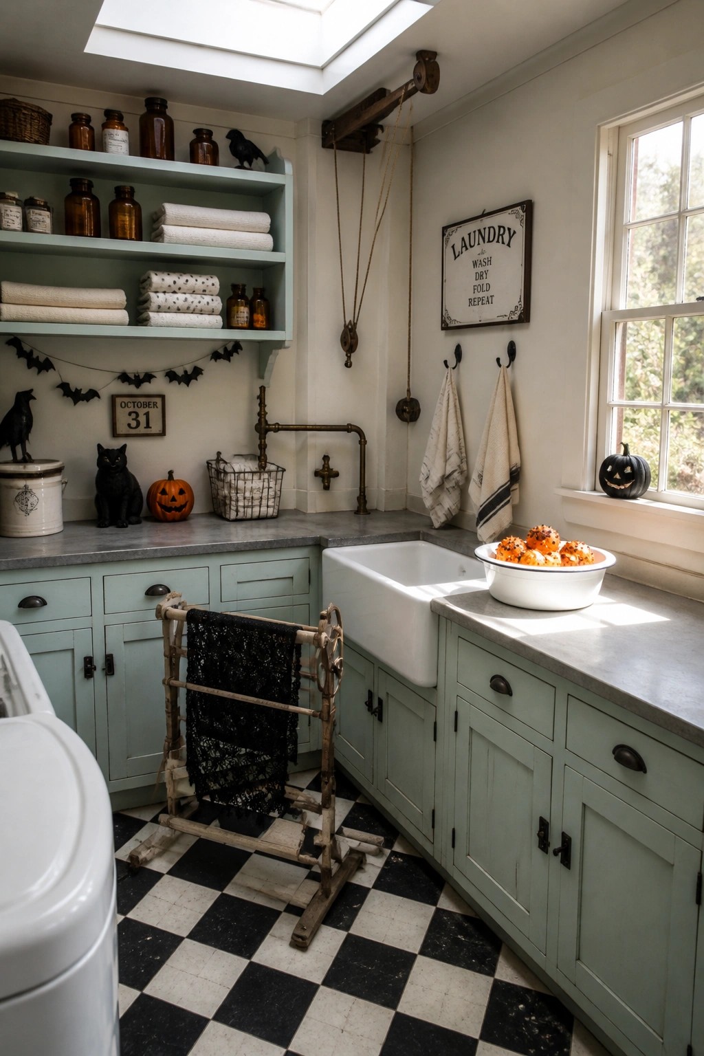 A laundry room with sage green cabinets, a white farmhouse sink, black and white checkered floor, and Halloween decorations including black lace on a wooden drying rack, pumpkins, and a black cat figurine.