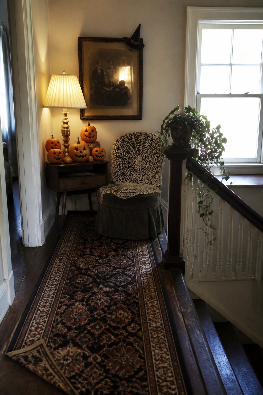 A narrow interior hallway with a long patterned runner rug, a green upholstered chair draped with a crocheted doily and spiderweb, a dark wood side table holding several carved pumpkins, and an old framed family photograph with a small witch hat placed on top.