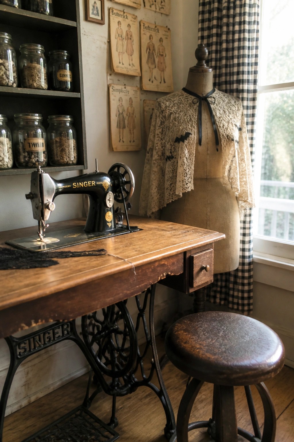 Vintage Singer sewing machine on wooden table beside lace-draped mannequin with bat accents.
