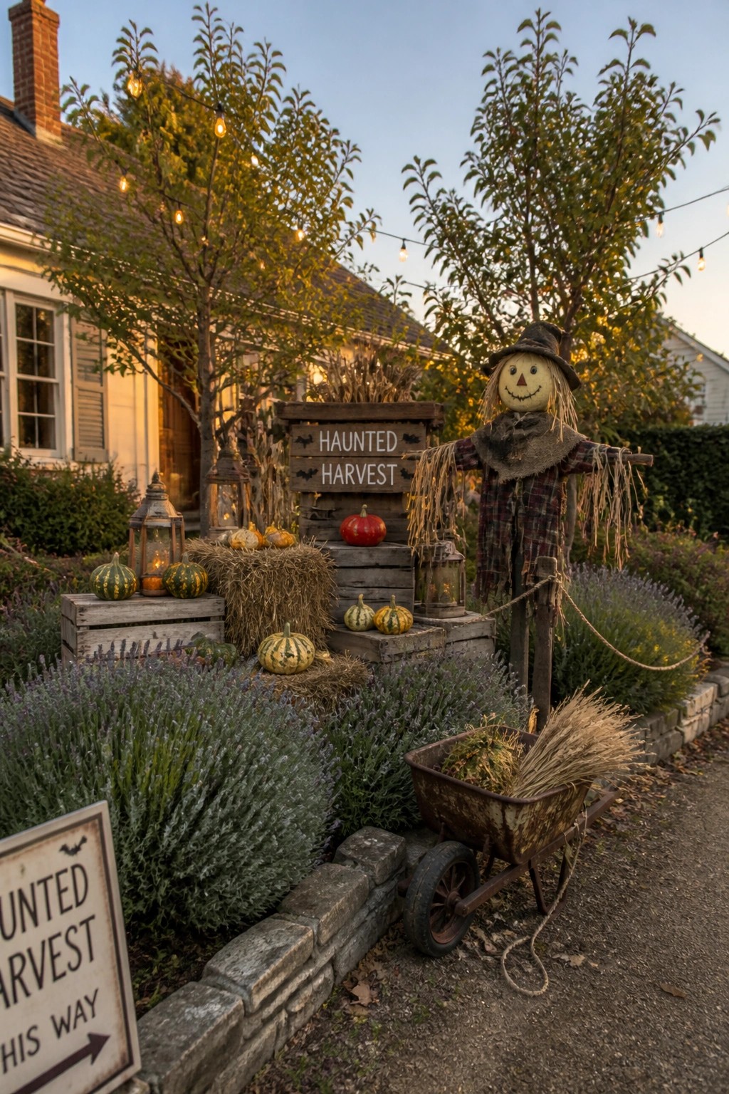 Scarecrow in plaid shirt beside wheelbarrow, pumpkins, hay bales, and haunted harvest signs.