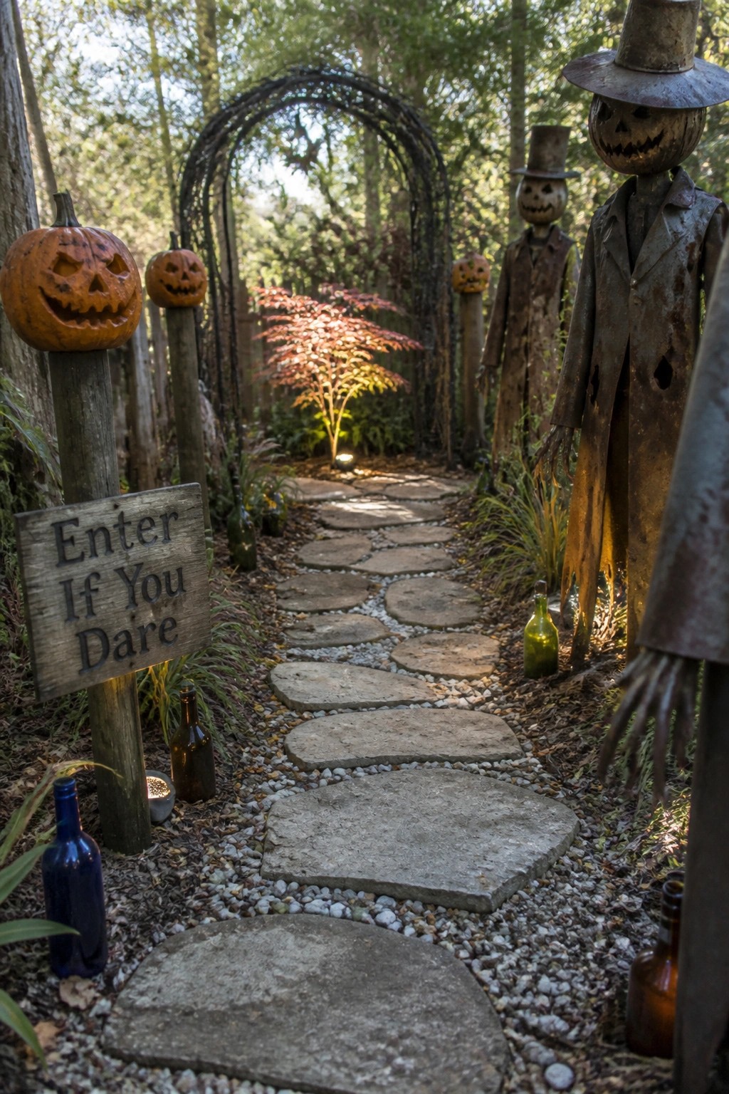 Spooky forest path with pumpkin-headed scarecrows, stone steps, and 