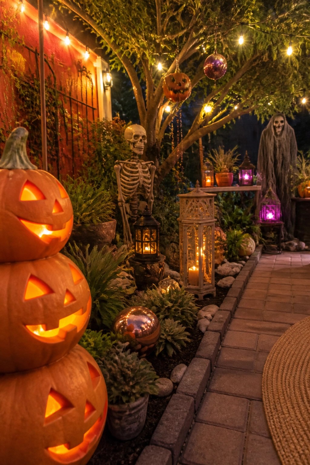 Nighttime garden path lined with carved jack-o-lanterns, a standing skeleton, a grim reaper figure, and glowing lanterns among plants and trees.