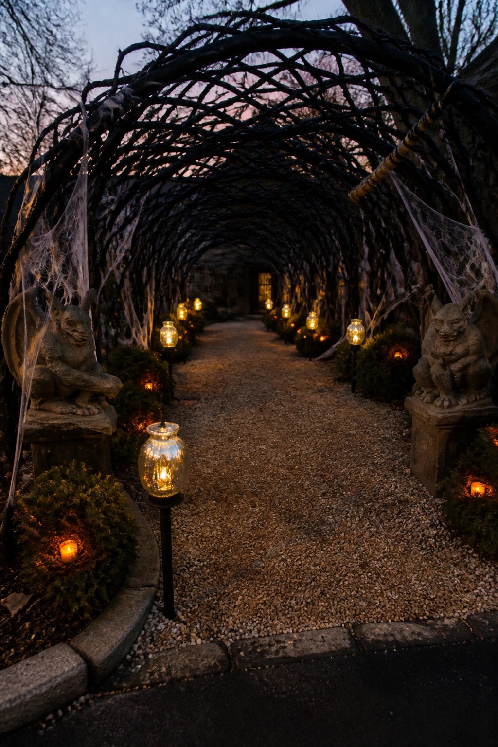 A gravel path runs under a long arched tunnel of woven dark branches, lined with glowing glass lanterns and stone gargoyle statues on either side.