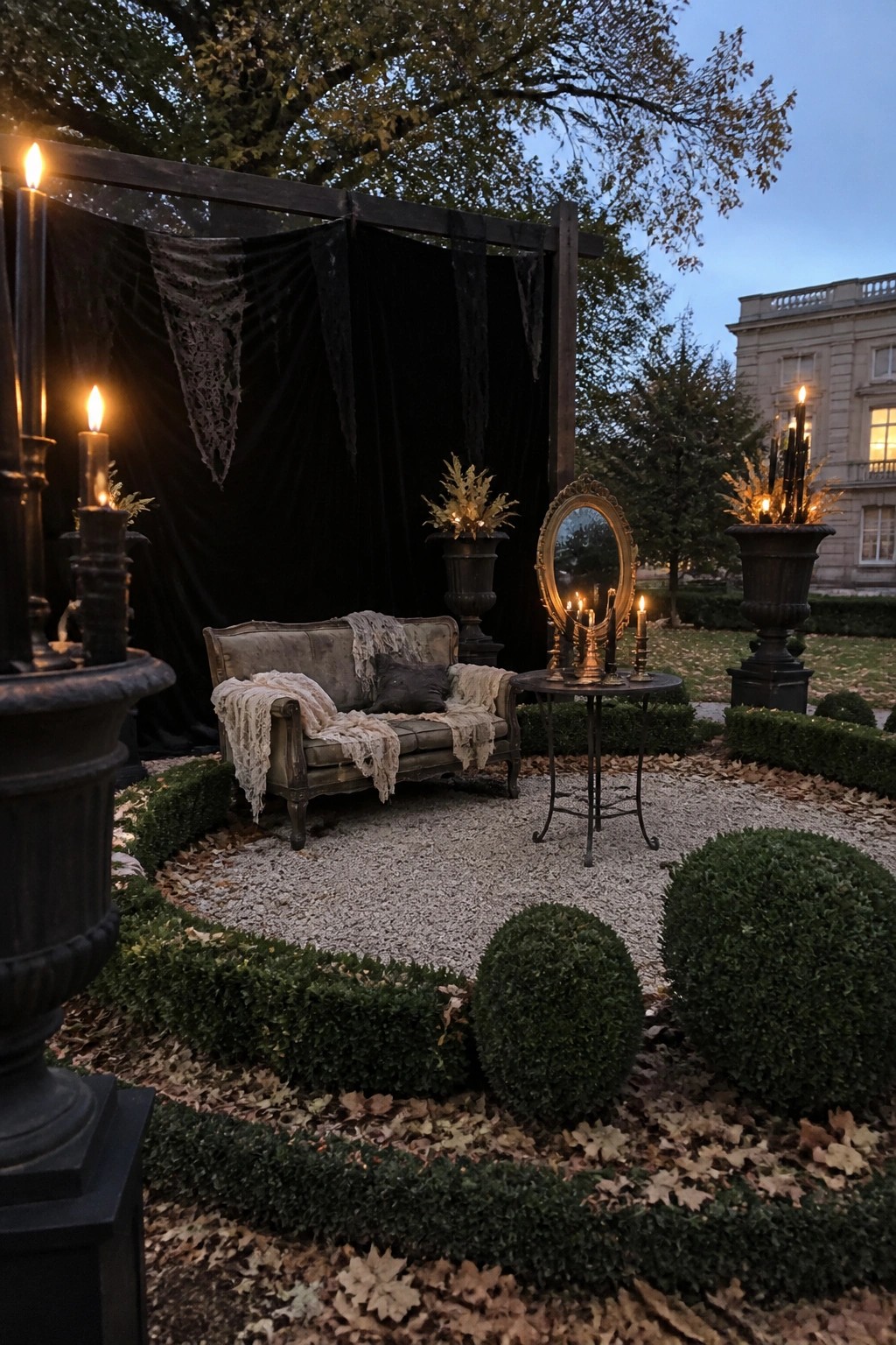 An outdoor seating area at dusk with a worn sofa, black drapes on a wooden frame, multiple lit candles on stands and in urns, a small mirror table, and boxwood shrubs around gravel.