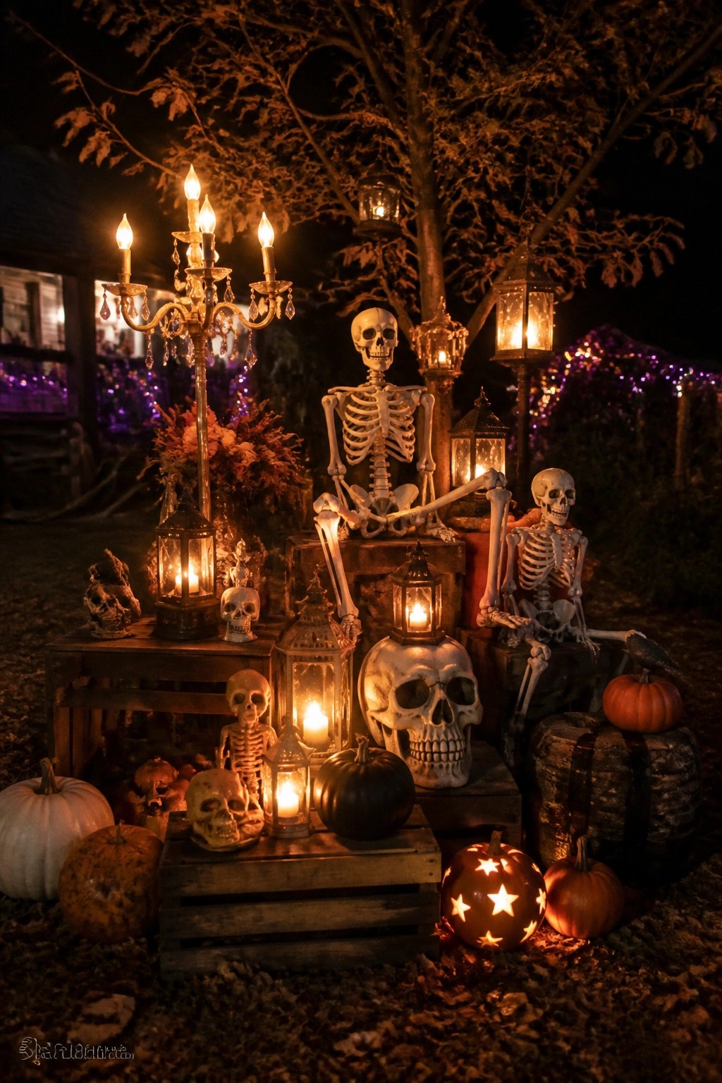 Outdoor yard display at night featuring multiple posed skeletons, skulls, and lanterns arranged on wooden crates under a tree with pumpkins on the ground.