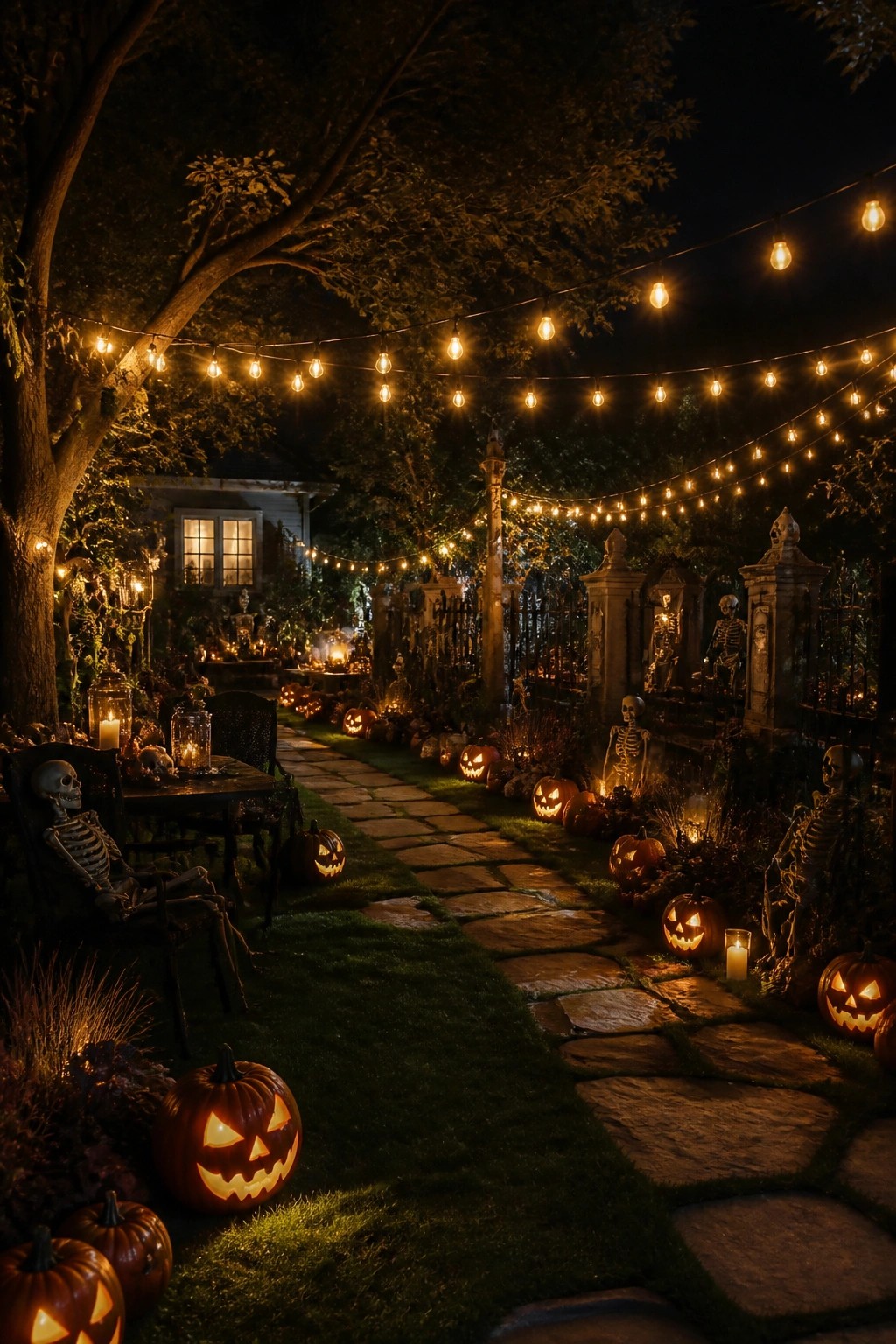 Nighttime backyard with a stone path lined by glowing jack-o'-lanterns, multiple posed skeletons, and tombstones under string lights.