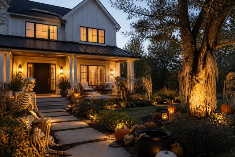 Glowing jack-o'-lanterns and skeletons decorate a white house yard at dusk.