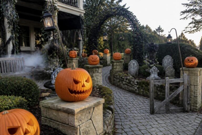 A cobblestone walkway lined with carved jack-o'-lanterns on stone pillars, black lanterns, a wooden gate, and tombstones leading to a stone house entrance.