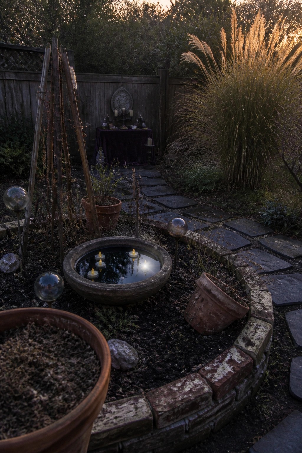 A backyard garden at dusk with a circular stone basin holding floating candles, a stone slab path, potted plants, glass orbs on stakes, and tall grasses near a wooden fence.