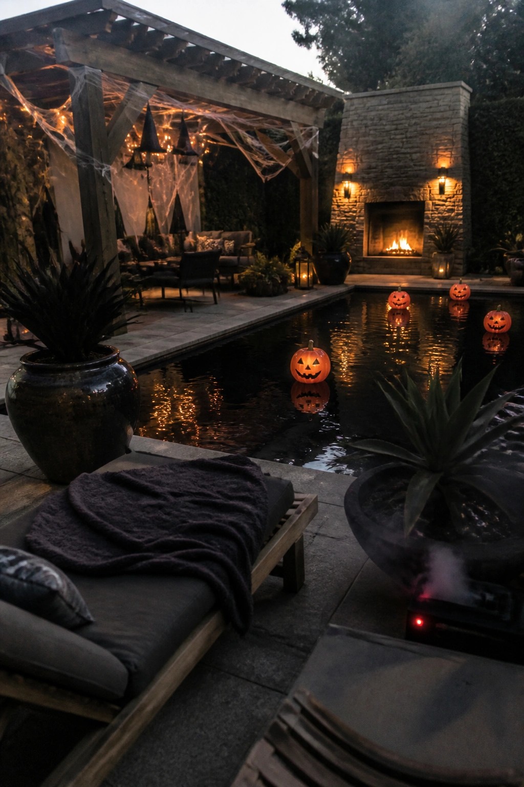 A backyard pool at dusk with glowing jack-o'-lanterns floating on the water, spider webs on a wooden pergola, and a lit stone fireplace in the background.