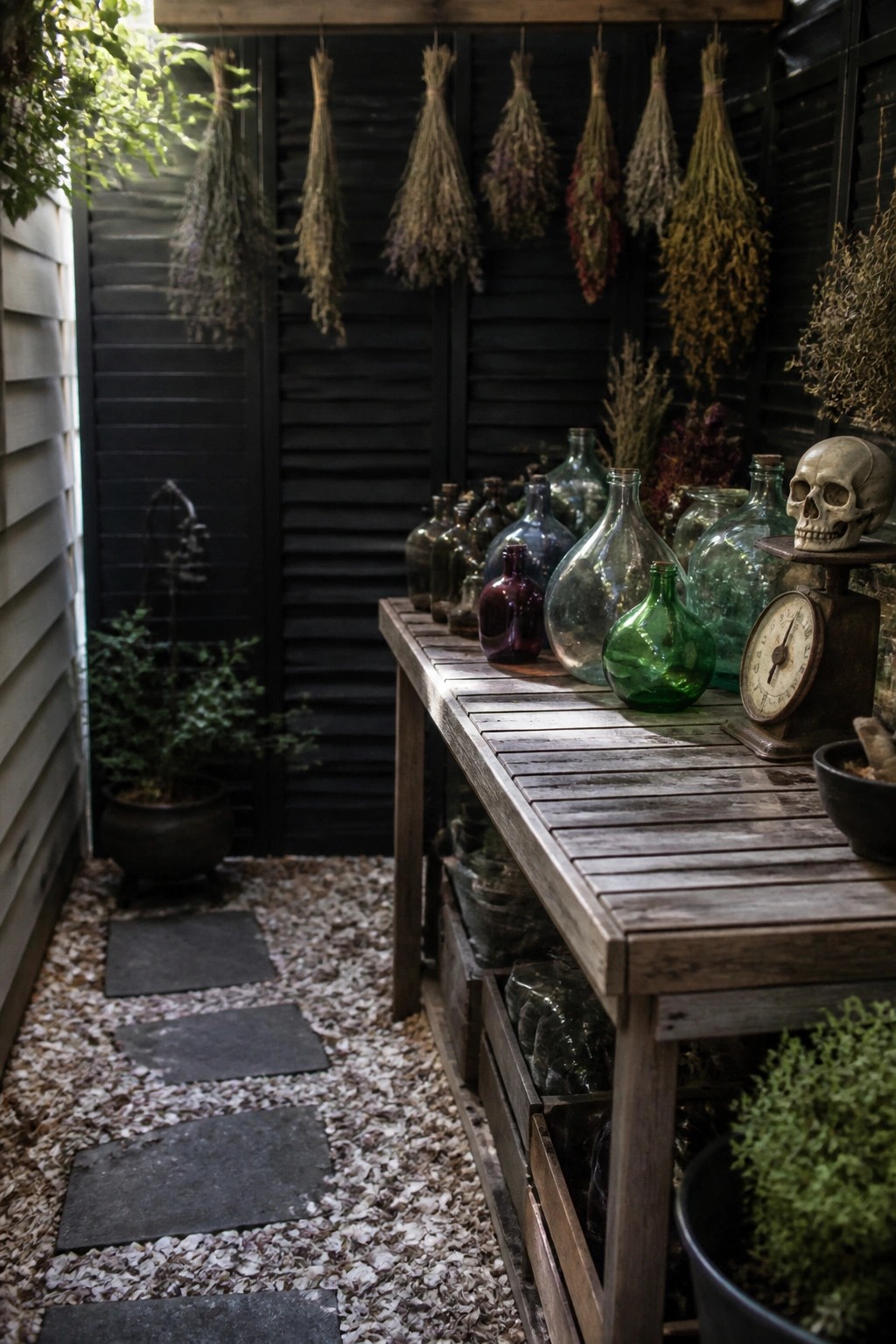 A narrow outdoor garden area with dried herb bundles hanging from a wooden beam against black shutters, a rustic table holding colorful glass bottles and a skull, and a gravel path with stone stepping stones.