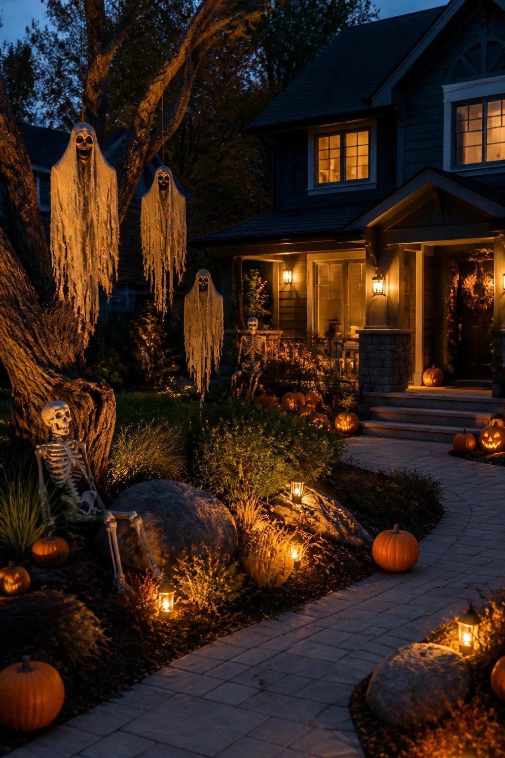 Front yard at dusk with three white ghosts hanging from a tree, skeletons posed near rocks and bushes, and pumpkins with lanterns along a paved walkway.