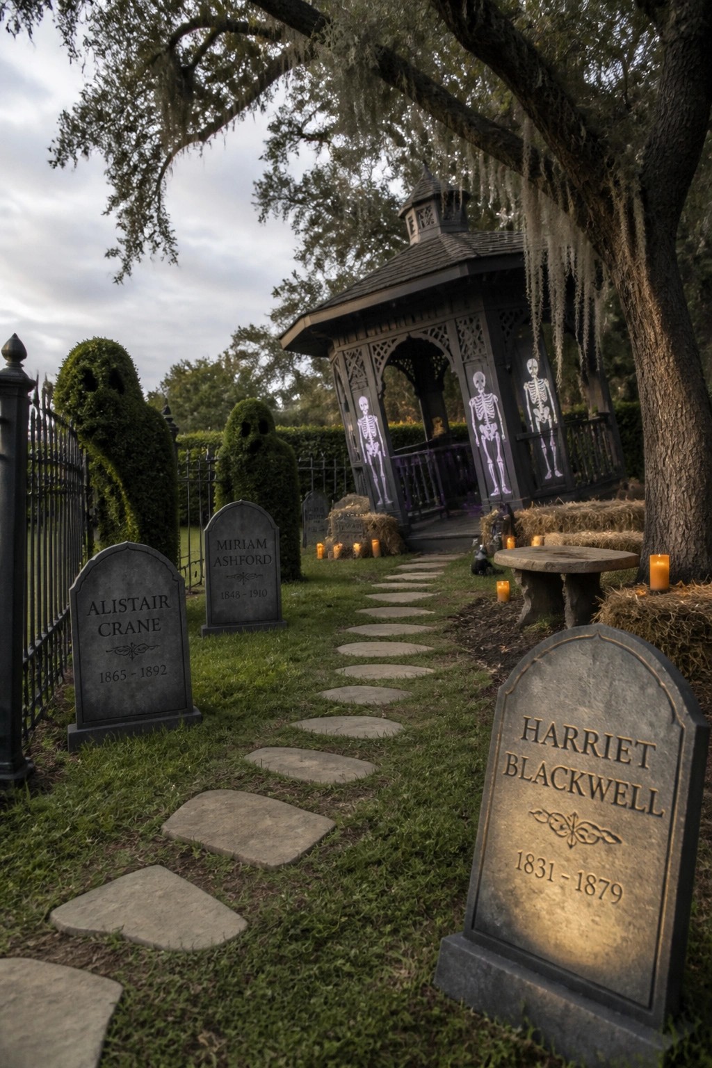 A Halloween yard display shows several tombstones along a winding path of flat stones that leads toward a dark gazebo decorated with skeleton cutouts and candles.
