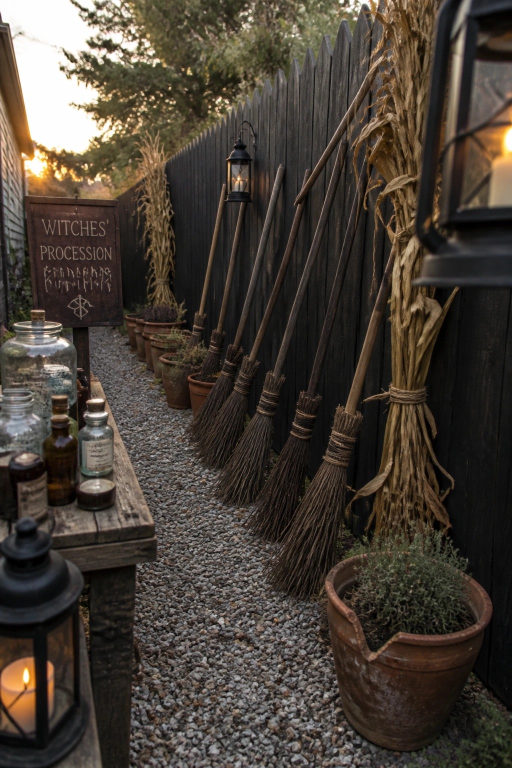 A gravel path runs beside a dark wooden fence lined with leaning brooms, lanterns, dried corn stalks, and potted plants, with a wooden sign that reads 
