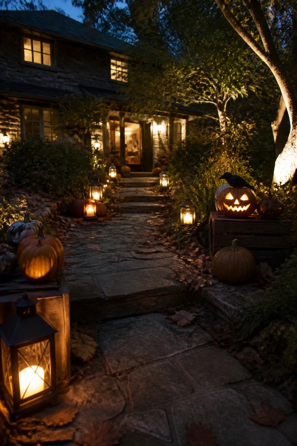 Stone path lined with glowing jack-o'-lanterns and lanterns to house at night