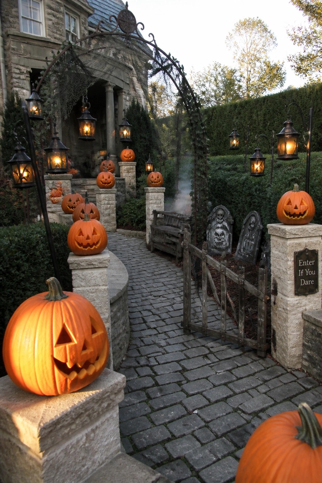 A cobblestone walkway lined with carved jack-o'-lanterns on stone pillars, black lanterns, a wooden gate, and tombstones leading to a stone house entrance.