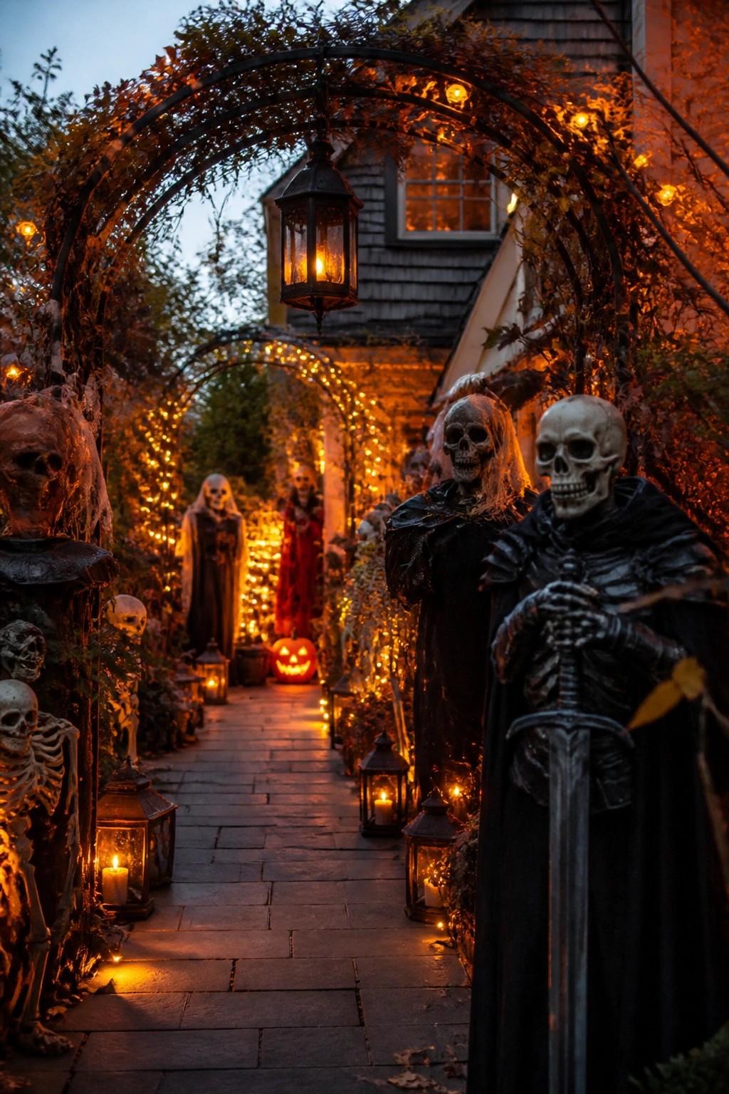 Skeleton figures in black cloaks line a lantern-lit stone path under glowing arches.