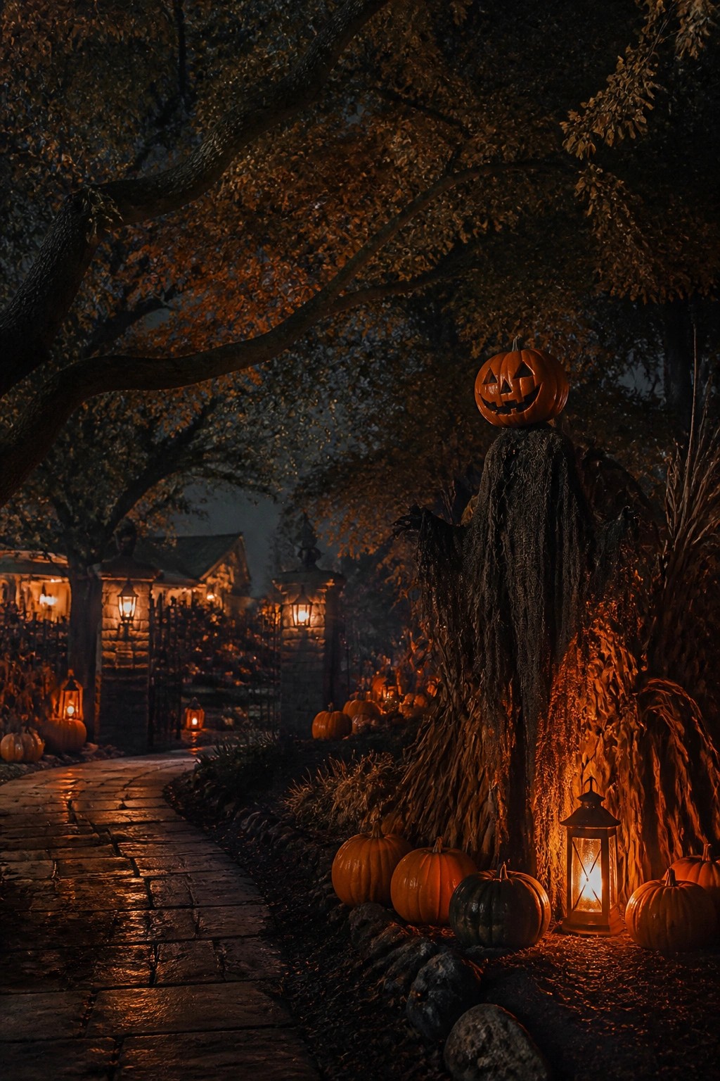 Jack-o'-lantern scarecrow in tattered cloak amid glowing lanterns and pumpkins at night